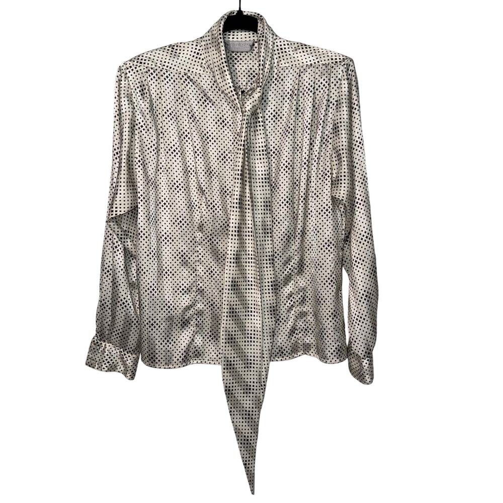 Vintage Evan-Picone Secretary Blouse‎ Cream Geometric Satin Bow Size M L